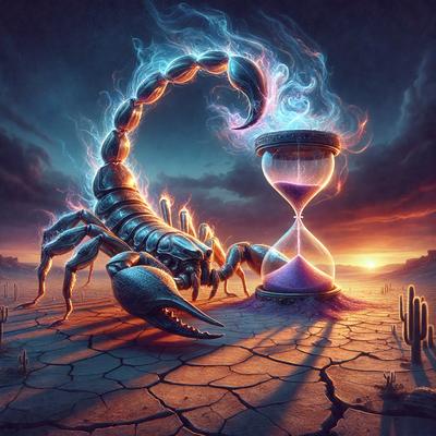 The primary subject of the image is a large, colorful scorpion. The scorpion is positioned in the foreground, with its tail end extending towards the viewer. The setting is a desert-like environment, with a sandy surface and a backdrop of a cloudy sky. The visual style of the image is digital art, with the scorpion and its surroundings depicted in vibrant colors and intricate details. The overall atmosphere of the image is mysterious and captivating, as the